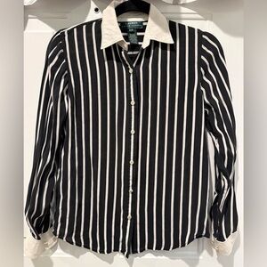 Lauren Ralph Lauren Vintage 100% Silk Striped Collared Button Up Blouse P/P XS